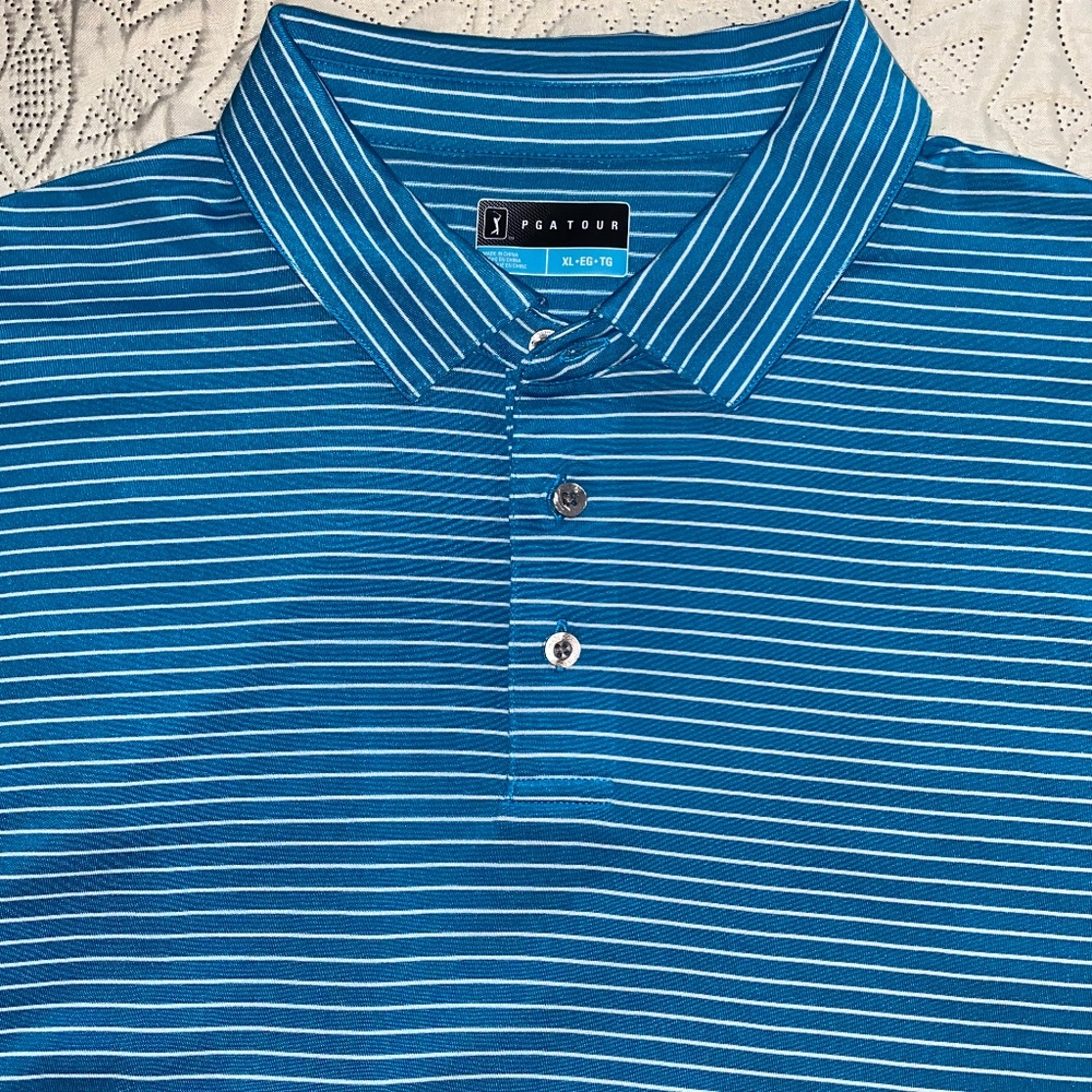 Men’s PGA Tour Blue & White Striped Polo Tee Shirt Sz XL EUC